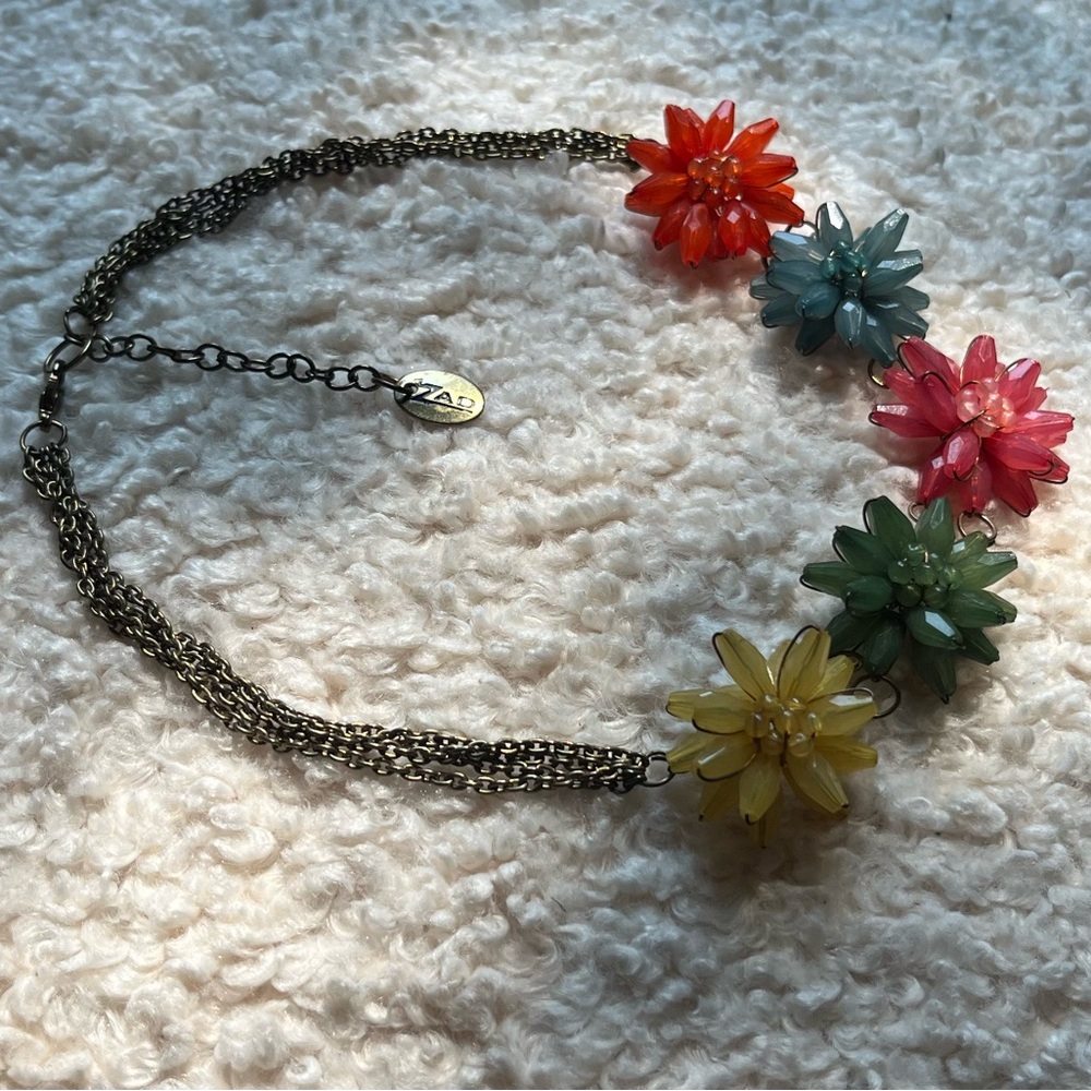 Multi Colored Flower Statement Necklace Gold Chain  ZAD